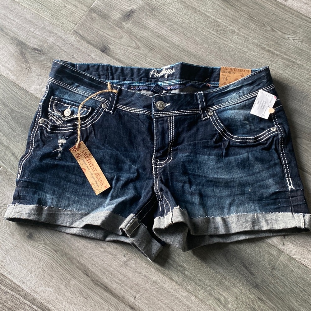 Amethyst Jeans jean shorts dark blue lightly distressed plus size 14 NWT